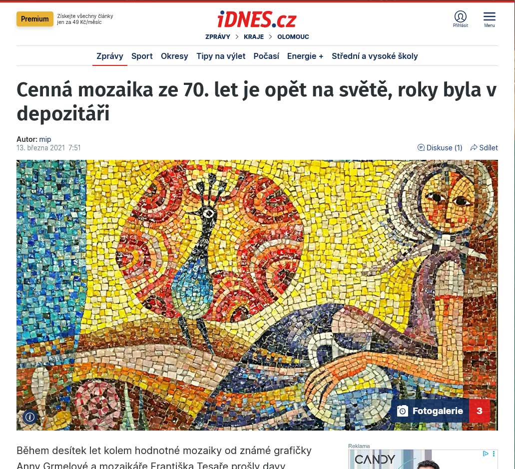 Cenná mozaika ze 70. let je opět na světě, IDNES, 2021​