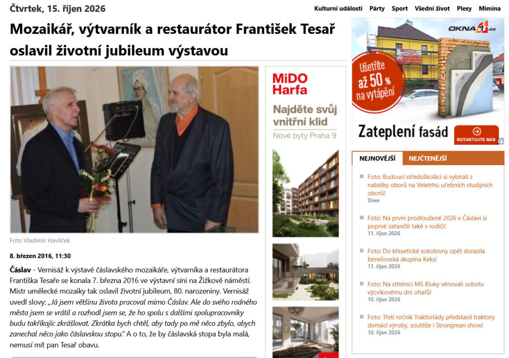 Mozaikář, výtvarník a restaurátor František Tesař oslavil životní jubileum výstavou, svoboda.info, 2016