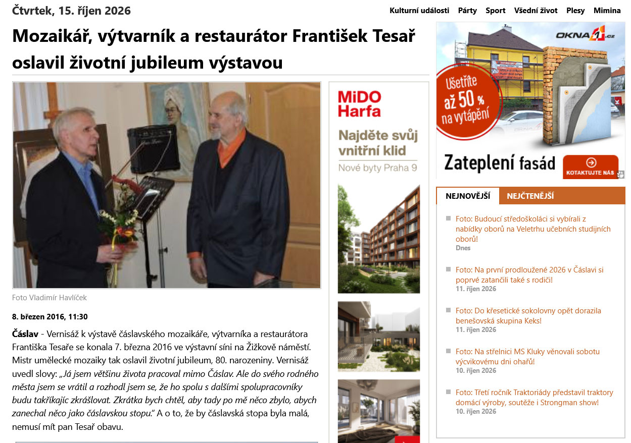 Mozaikář, výtvarník a restaurátor František Tesař oslavil životní jubileum výstavou, svoboda.info, 2016