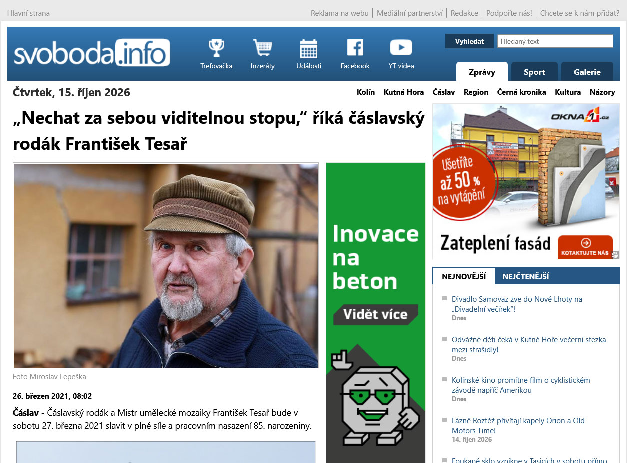 Nechat za sebou viditelnou stopu, říká čáslavský rodák František Tesař, svoboda.info, 2021